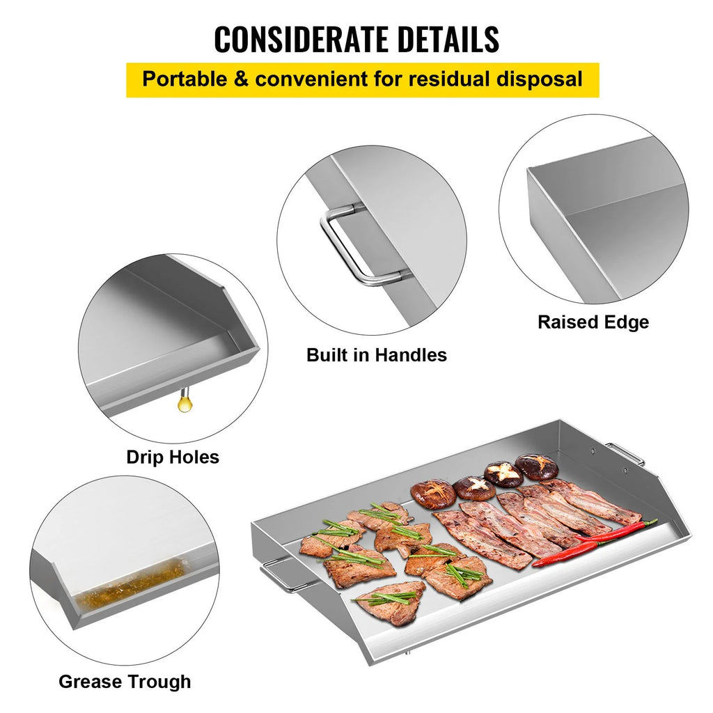 Stainless Steel Flat Top Griddle with Handles and Grease Groove P9122