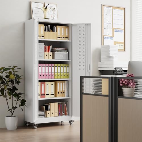 Metal Storage Cabinet with Wheels, 73" H, Locking Doors and Adjustable Shelves C8462
