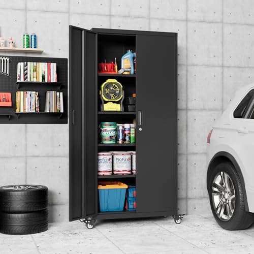 Metal Storage Cabinet with Wheels, 73" H, Locking Doors and Adjustable Shelves C8462