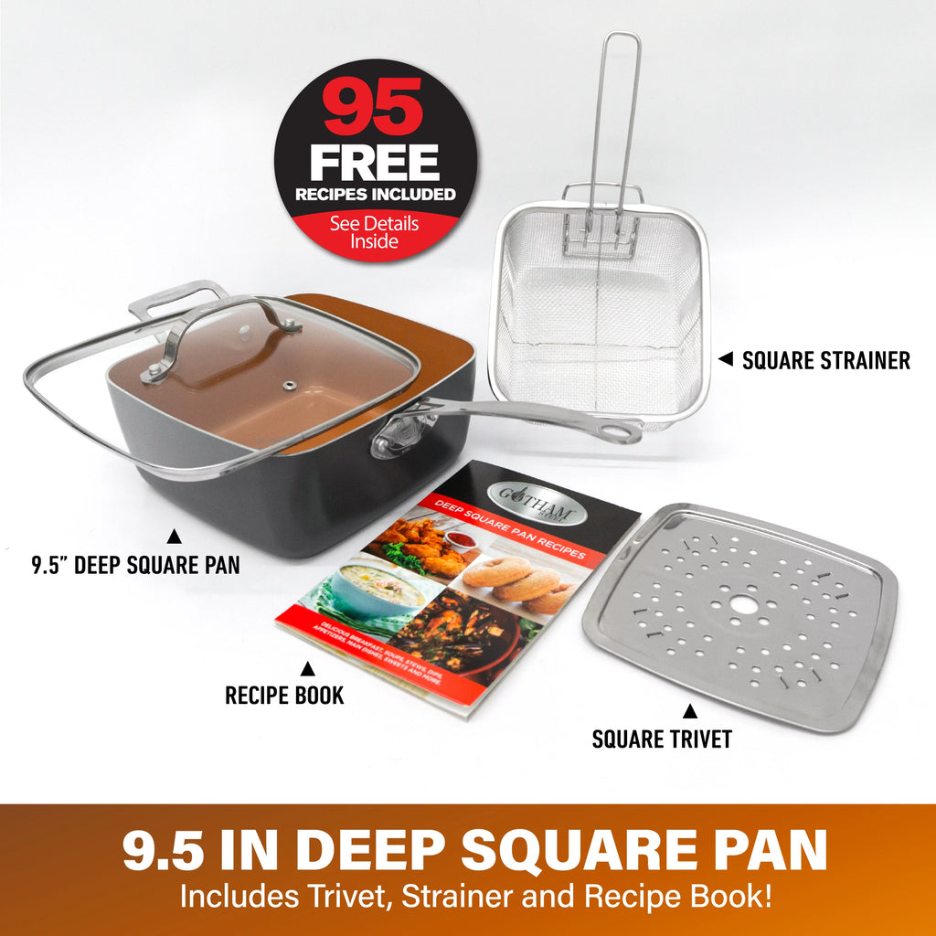 6 Qt Nonstick Deep Square Casserole Pan with Frying Basket and Steamer Tray J702252
