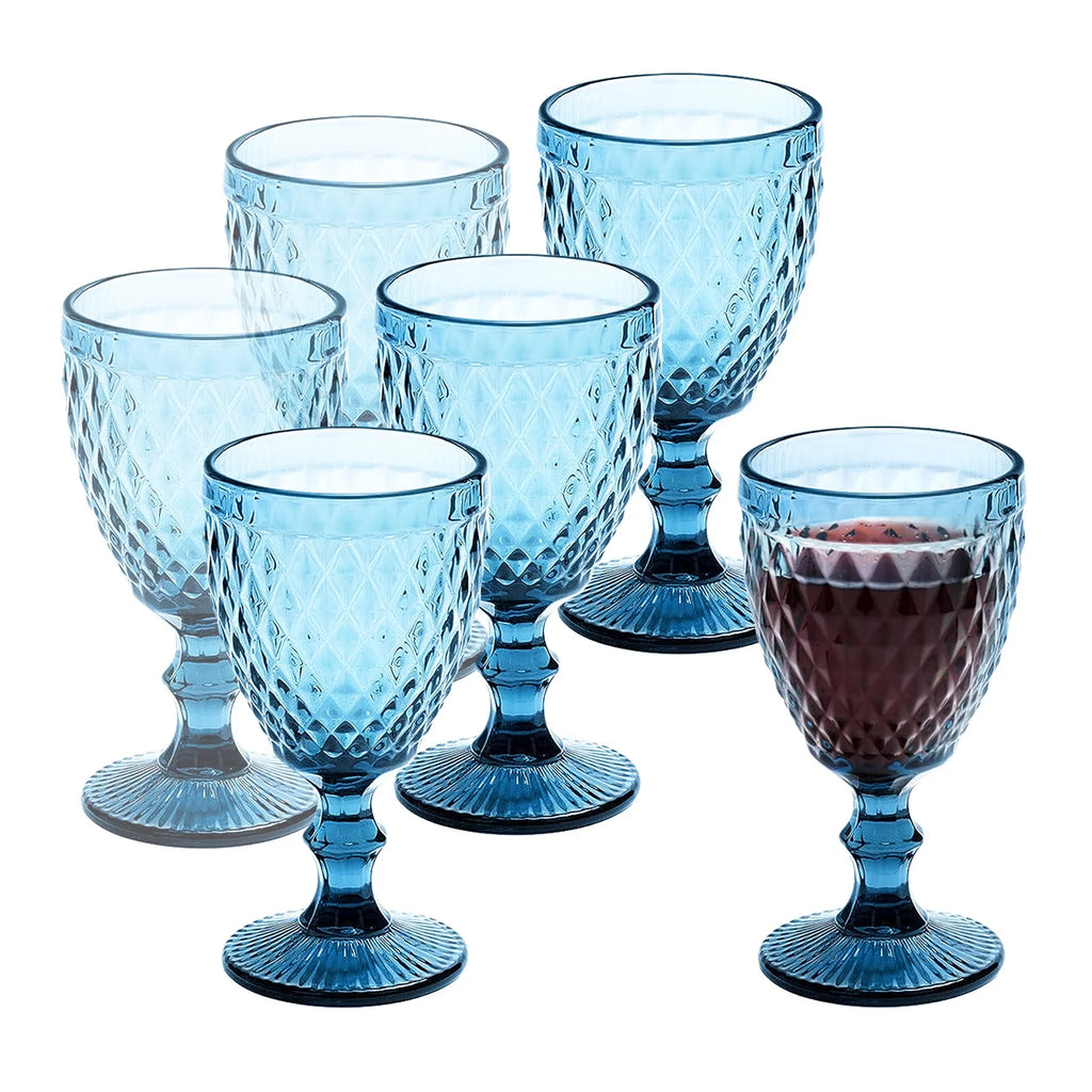 6pcs Embossed Retro Glass Goblet 8 oz Wine Cup Stemware L883