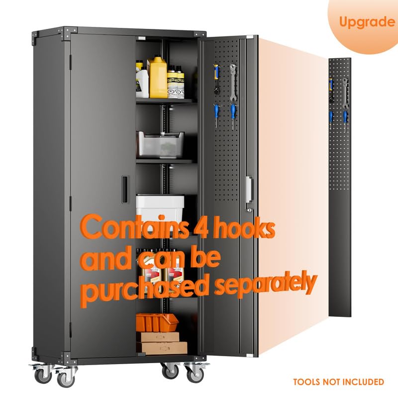 Garage Storage Cabinet with Wheels, 72" H, 2 Doors, 4 Adjustable Shelves, Black Q104