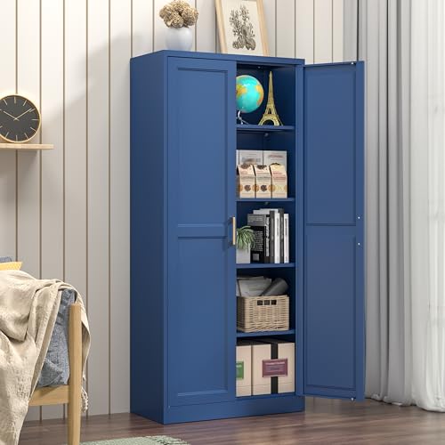 Tall Kitchen Storage Cabinet with Doors and Adjustable Shelves, Black Freestanding Cupboard X34021