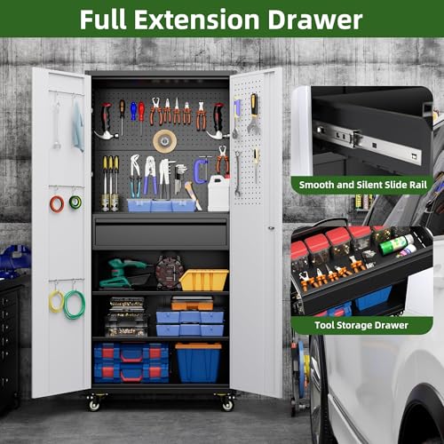 Garage Storage Cabinet with Wheels, 72" H, 2 Doors, 4 Adjustable Shelves, Black Q104