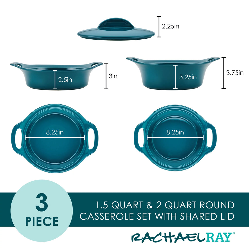 Ceramic Casserole Bakers with Lid Set, 3-Piece, Teal L3798
