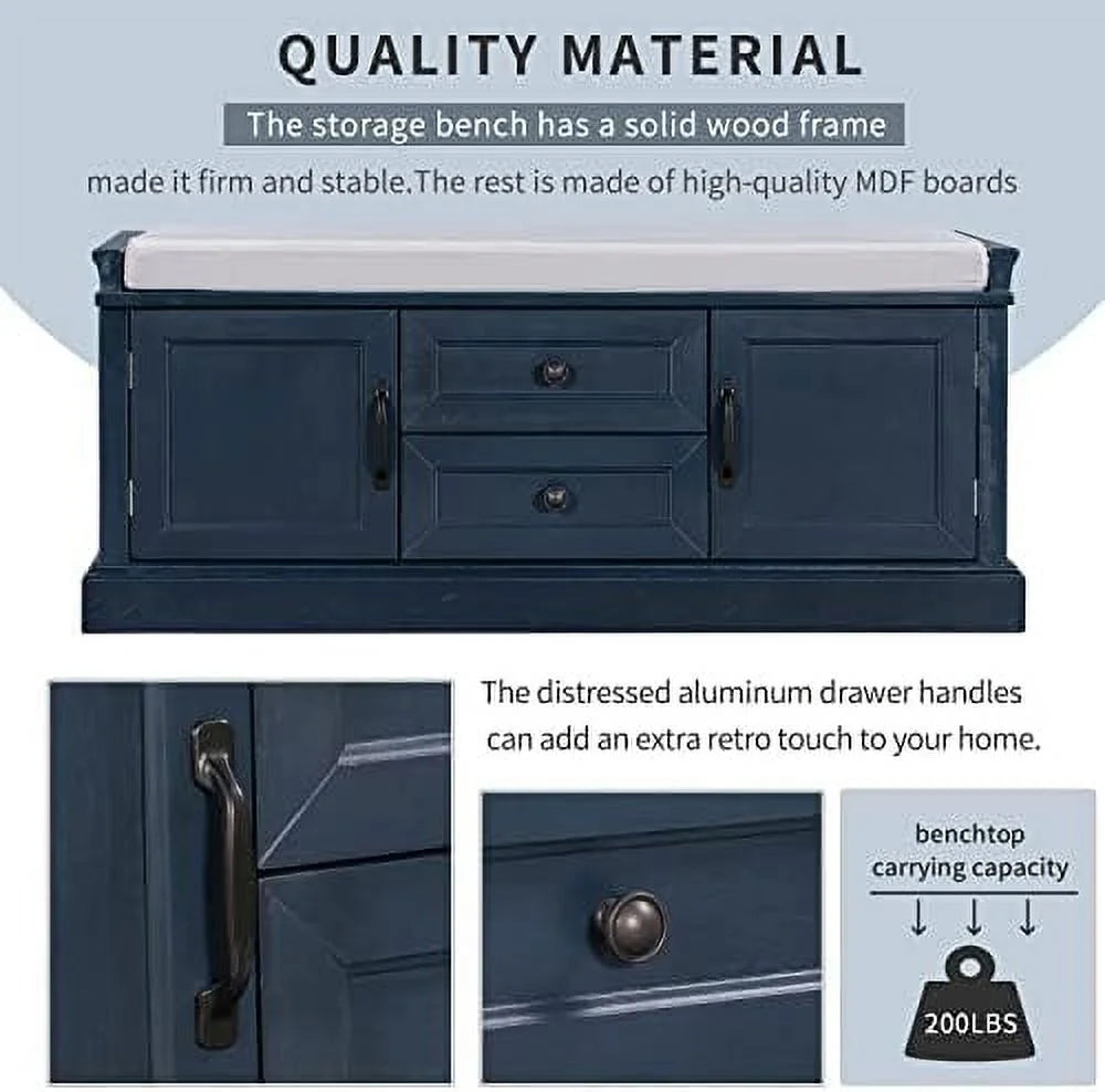 Solid Wood Shoe Bench with 3 Shutter Doors and Removable Cushion Q53541