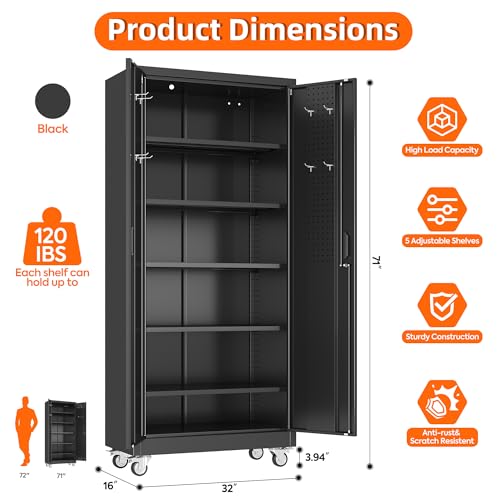 Metal Storage Cabinet with Wheels, 73" H, Locking Doors and Adjustable Shelves C8462