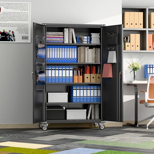 Metal Storage Cabinet with Wheels, 73" H, Locking Doors and Adjustable Shelves C8462