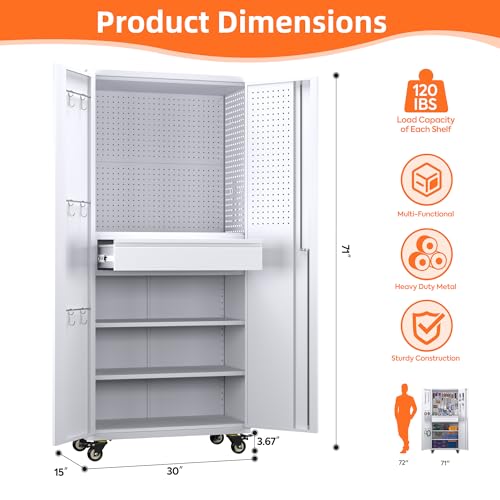 Metal Storage Cabinet with Wheels, 73" H, Locking Doors and Adjustable Shelves C8462