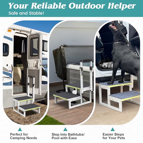 2 Step Stool with Handrail, Anti-Slip Mats, Portable for RV, Camper, Hot Tub V6811