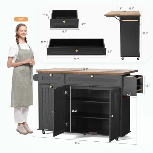 Kitchen Island with Power Outlet & Drop Leaf, Rolling Cart with Storage T1071