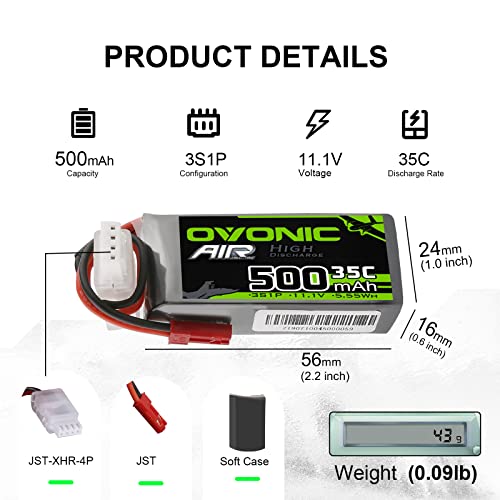 3S 500mAh 11.1V Lipo Battery with JST Connector for RC Drone, 2 Pack W63815