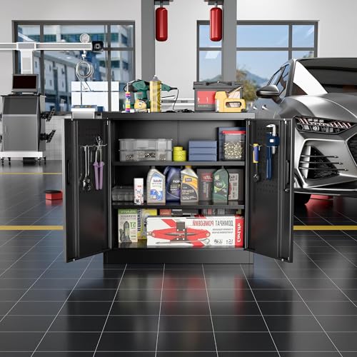Garage Storage Cabinet with Wheels, 72" H, 2 Doors, 4 Adjustable Shelves, Black Q104