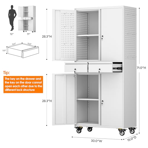 Metal Storage Cabinet with Wheels, 73" H, Locking Doors and Adjustable Shelves C8462