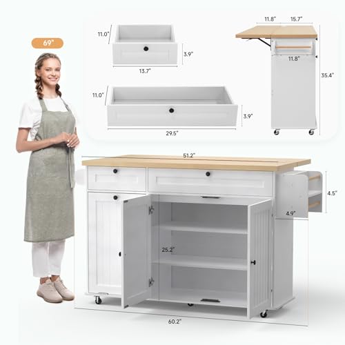 Kitchen Island with Power Outlet & Drop Leaf, Rolling Cart with Storage T1071