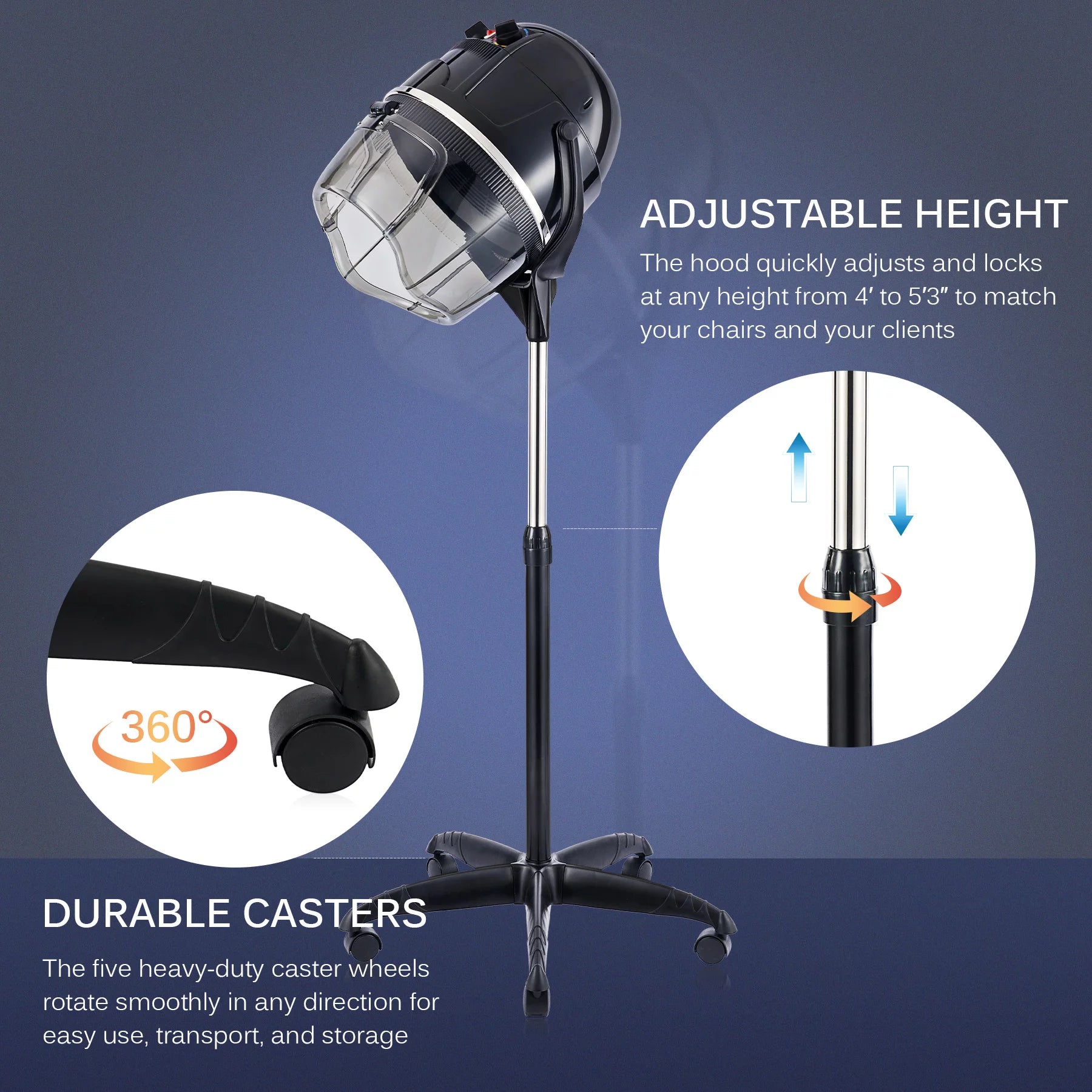 Professional Salon Stand Up Hood Hair Dryer, 1300W, Black B454