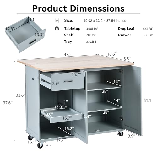 Large Kitchen Island with Drop Leaf, Rolling Cart, Power Outlet R822