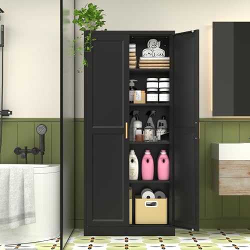 Tall Kitchen Storage Cabinet with Doors and Adjustable Shelves, Black Freestanding Cupboard X34021