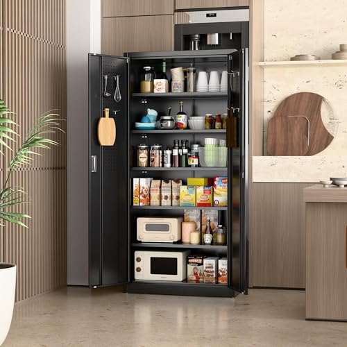 Garage Storage Cabinet with Wheels, 72" H, 2 Doors, 4 Adjustable Shelves, Black Q104