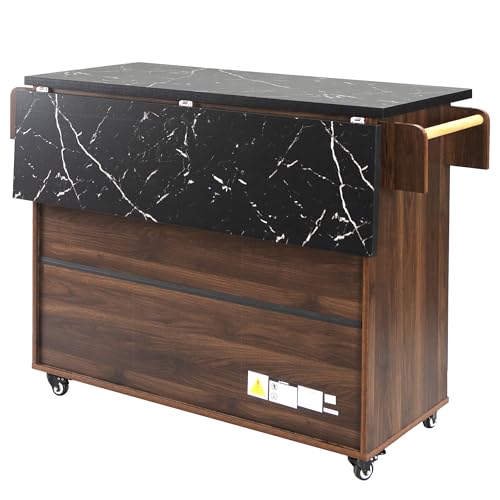 Farmhouse Kitchen Island with Drop Leaf, Barn Door and Wheels O34026