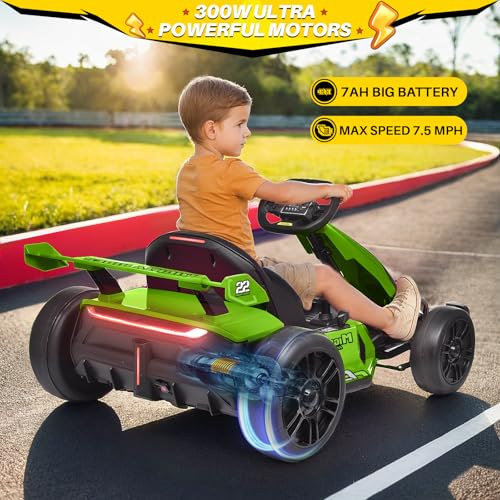 24V Kids Go Kart 300W Electric Drift Kart Outdoor Race Toy with 2X150W Motor, 7AH Battery, Green R238