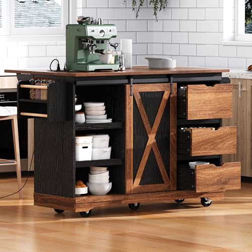 Farmhouse Kitchen Island with Drop Leaf, Barn Door and Wheels O34026