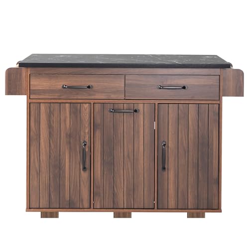Farmhouse Kitchen Island with Drop Leaf, Barn Door and Wheels O34026