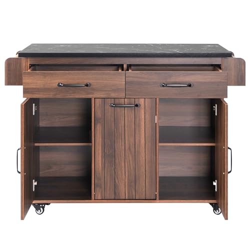 Farmhouse Kitchen Island with Drop Leaf, Barn Door and Wheels O34026
