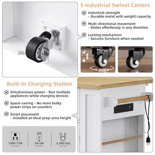Kitchen Island Cart with Drop Leaf, Power Outlet, and 5 Storage Shelves Z644898