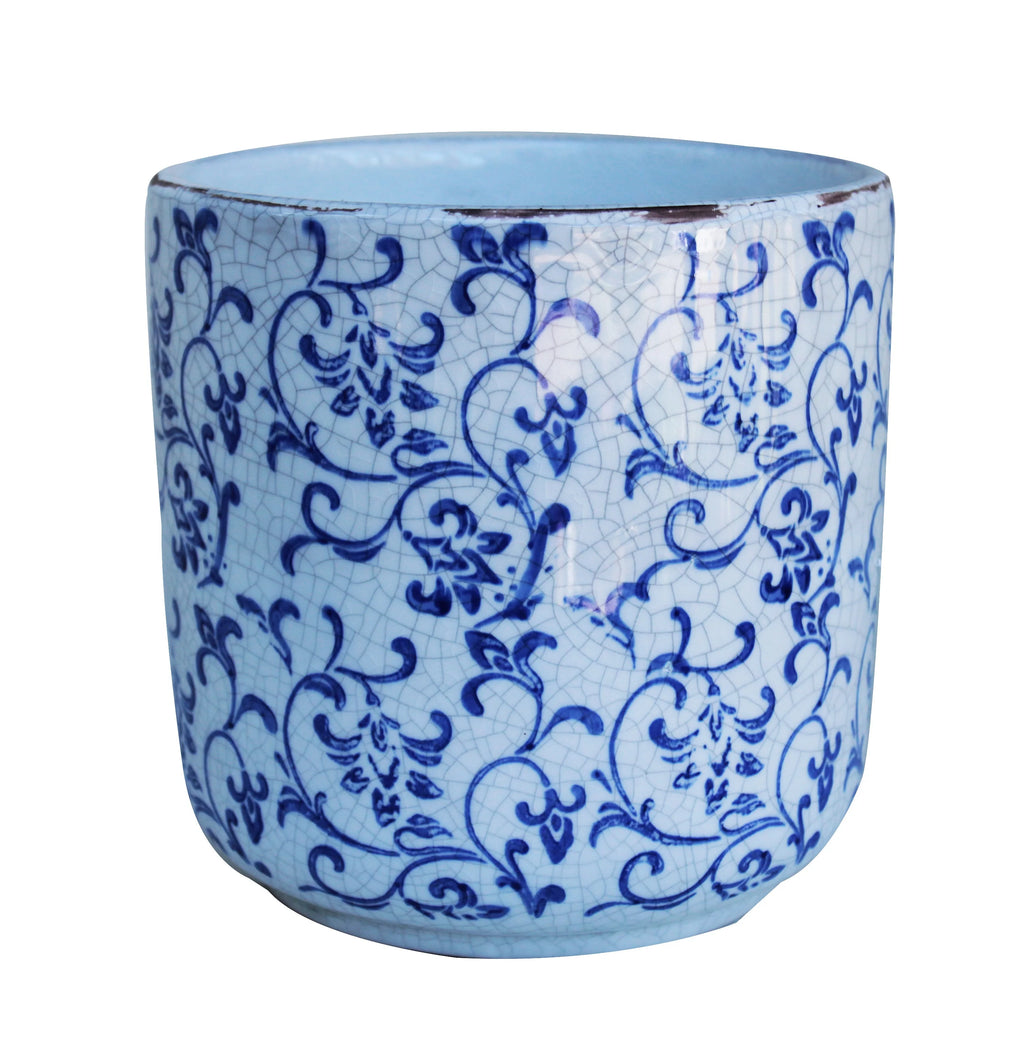 Old world blue and white ceramic cylindrical shaped garden pot or planter Vine pattern