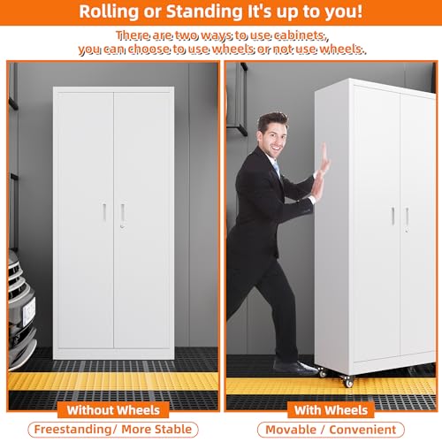Metal Storage Cabinet with Wheels, 73" H, Locking Doors and Adjustable Shelves C8462