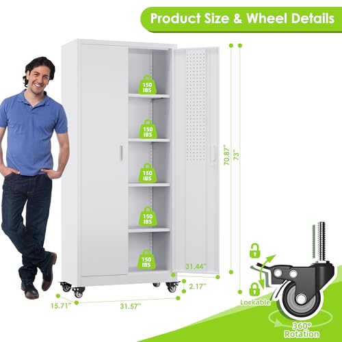 Metal Storage Cabinet with Wheels, 73" H, Locking Doors and Adjustable Shelves C8462
