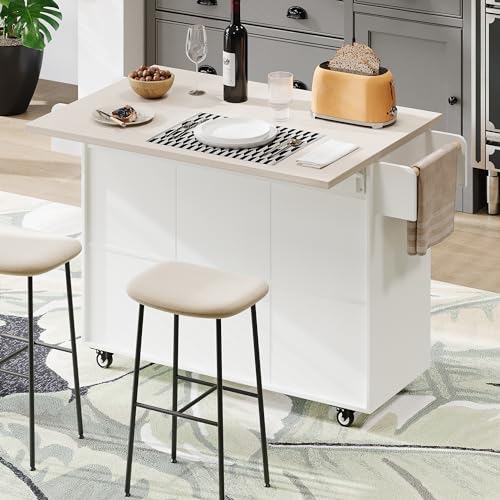 Farmhouse Kitchen Island with Drop Leaf, Barn Door and Wheels O34026