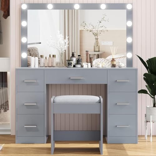 Vanity Desk with Stool, Lighted Mirror, 3 Color Modes, Adjustable Brightness, Drawers, White S703720