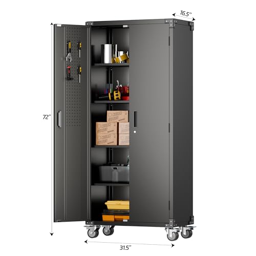 Garage Storage Cabinet with Wheels, 72" H, 2 Doors, 4 Adjustable Shelves, Black Q104