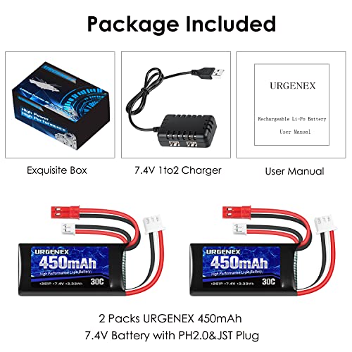 7.4V 450mAh 2S Lipo Battery with JST & PH2.0 Plug and USB Charger for RC Cars and Drones G32974