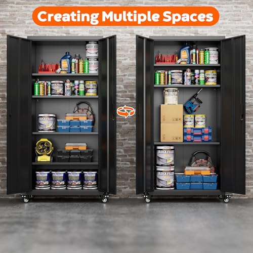 Metal Storage Cabinet with Wheels, 73" H, Locking Doors and Adjustable Shelves C8462