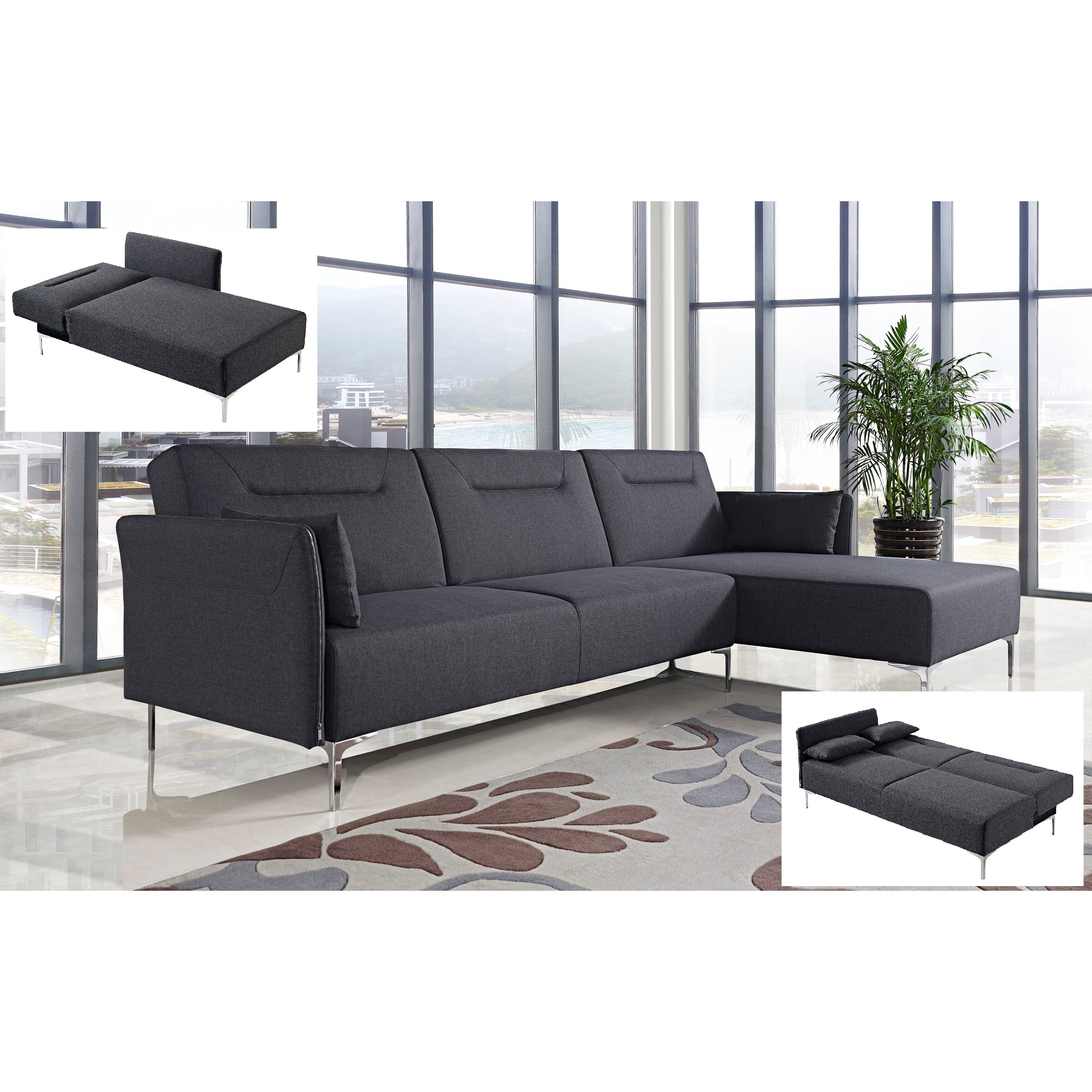 Contemporary Fabric Upholstered Right Facing 2-Piece Sleeper Sectional Sofa, Black H59358