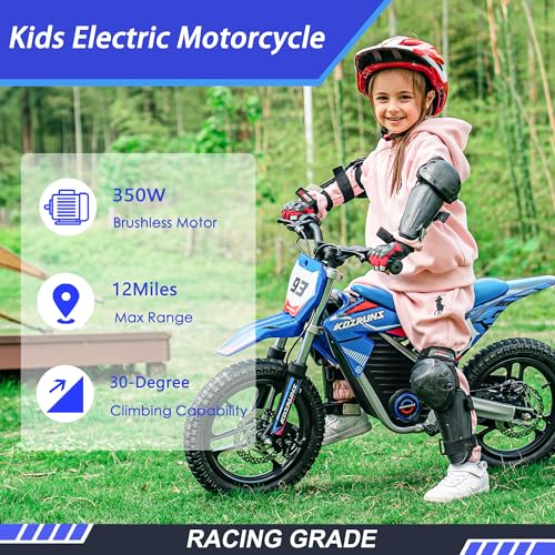 Electric Dirt Bike for Kids Aged 4-8, 350W Brushless Motor, 14'' Off-Road Tires, Blue J66927