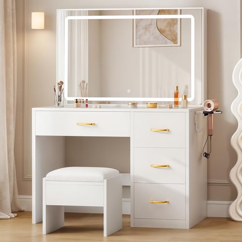 Vanity Desk Set with LED Mirror, Makeup Table with Drawers and Stool D406695
