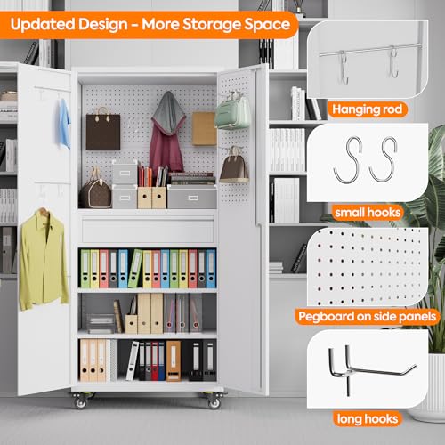 Metal Storage Cabinet with Wheels, 73" H, Locking Doors and Adjustable Shelves C8462