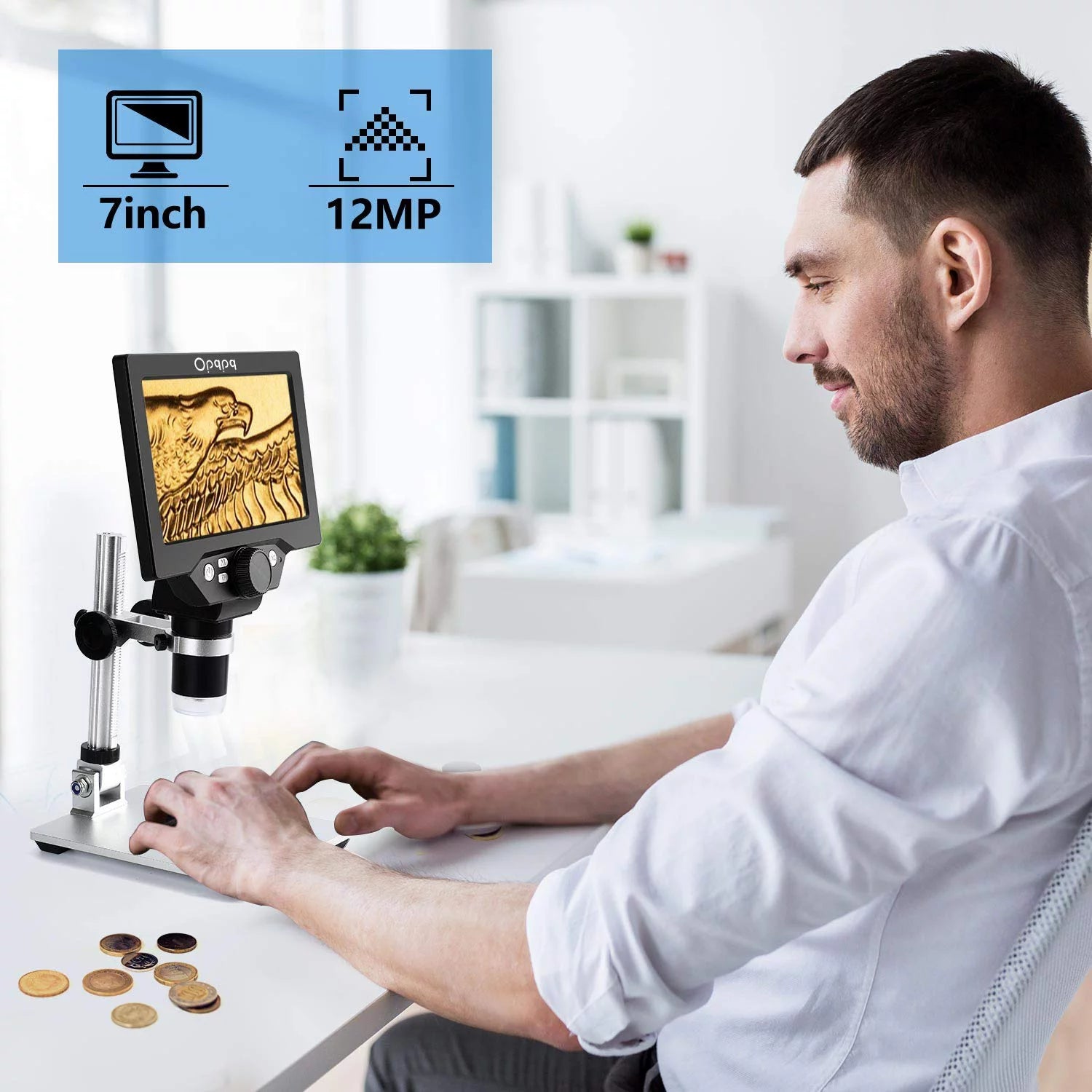 7" LCD Digital Microscope, 1200X Coin Microscope with 32GB Card, 12MP Camera, LED Fill Lights, PC View O9021
