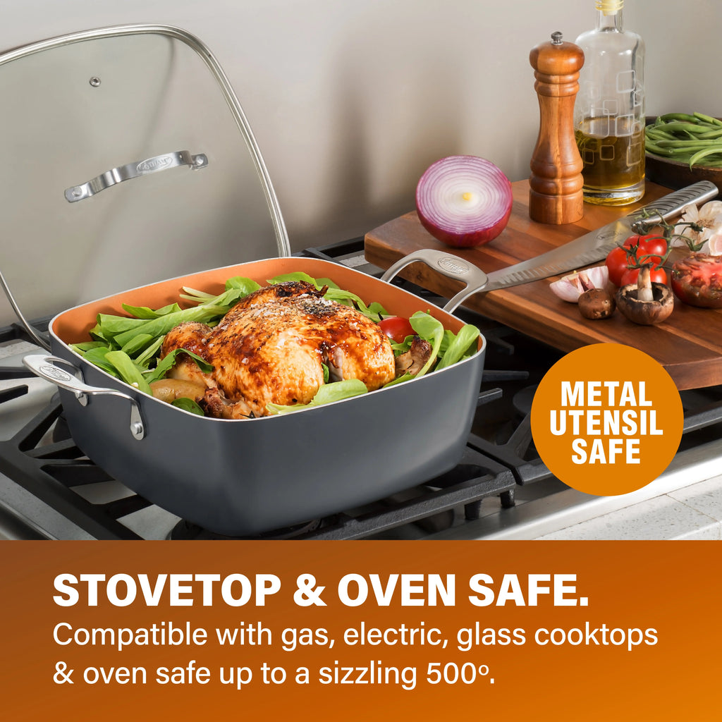 6 Qt Nonstick Deep Square Casserole Pan with Frying Basket and Steamer Tray J702252