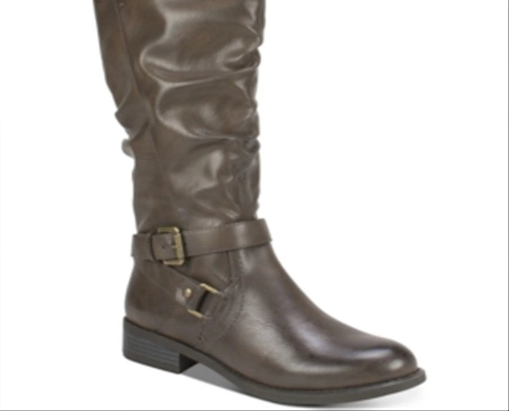 Women's Brown Crisscross Strap Block Heel Riding Boot Z74700
