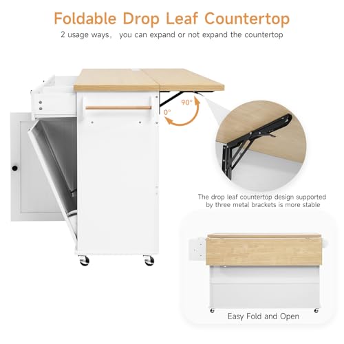 Kitchen Island with Power Outlet & Drop Leaf, Rolling Cart with Storage T1071