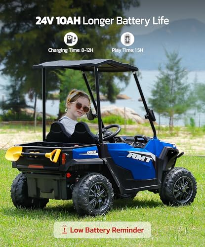 24V Ride on Car 2 Seater with Sun Shade, Dump Bed & Shovel, 4WD Electric Truck for Kids F44284