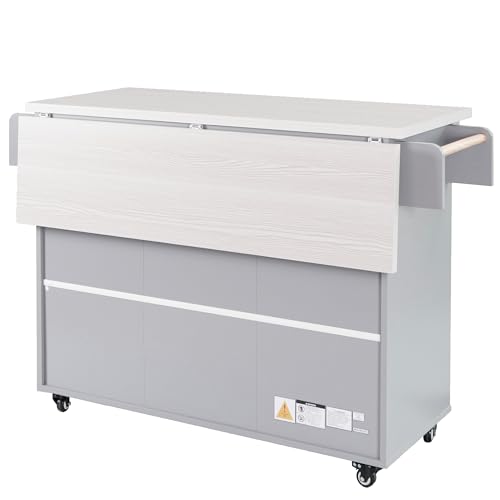 Farmhouse Kitchen Island with Drop Leaf, Barn Door and Wheels O34026