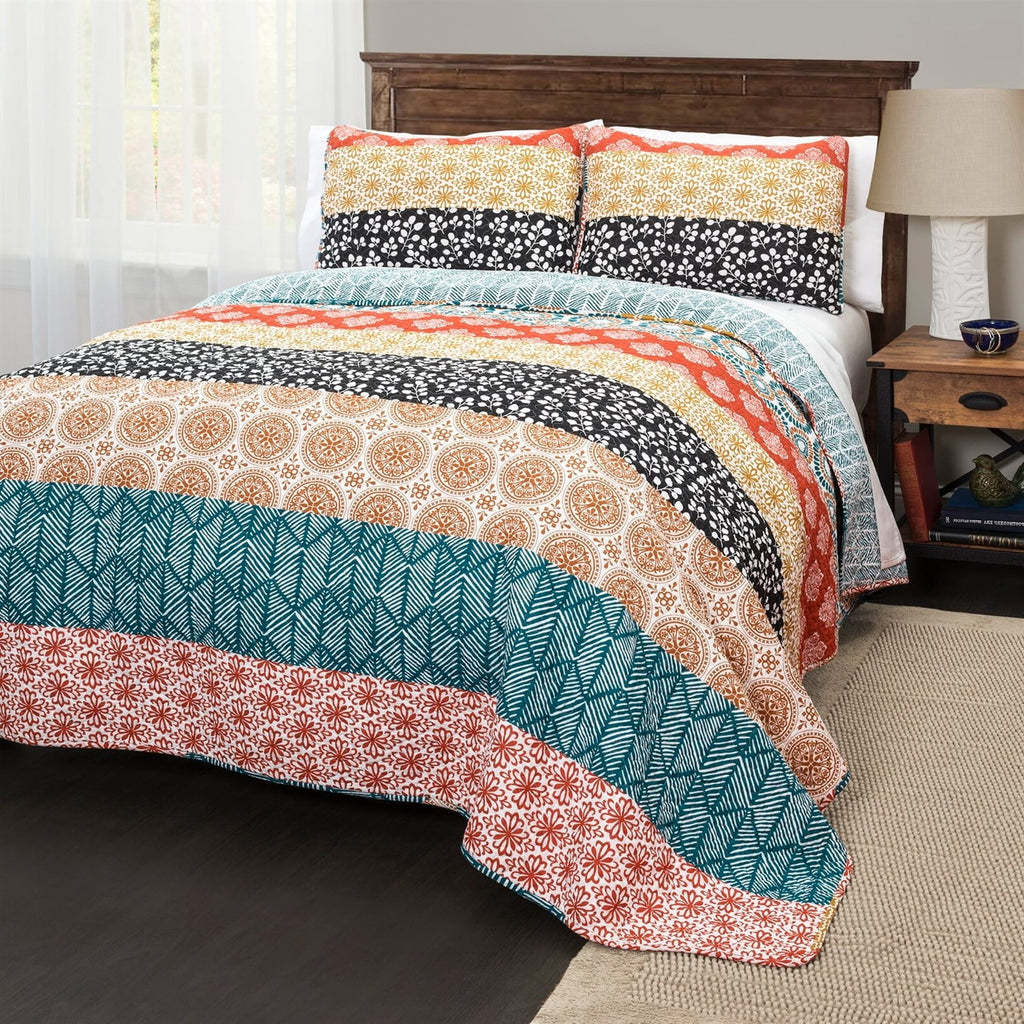 Cotton 3 Piece Reversible Teal Orange Bohemian Stripe Quilt Set O379104
