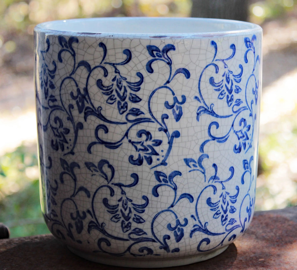 Blue and white ceramic cylindrical garden planter with vine pattern L424