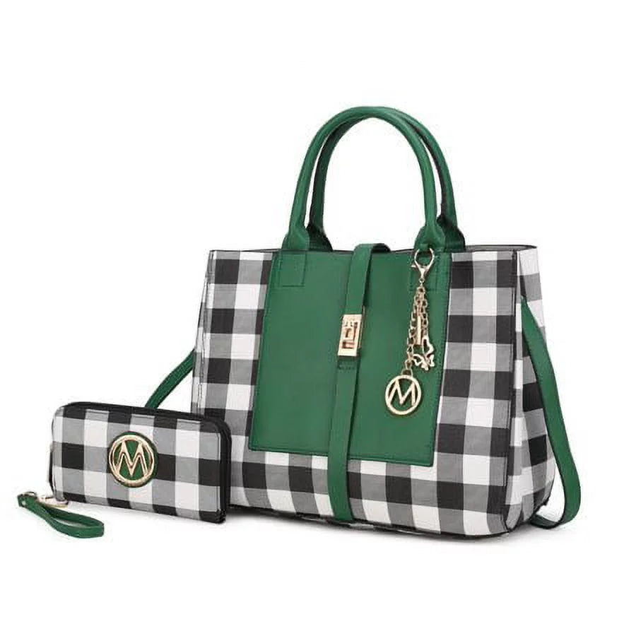 Vegan Leather Checkered Satchel Bag with Wallet 2 Piece Set Y922069